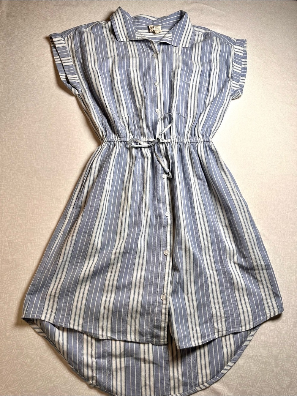 Japna Striped Shirt Dress Blue White Tie Waist Button Front Size S 100% Cotton - Picture 6 of 8